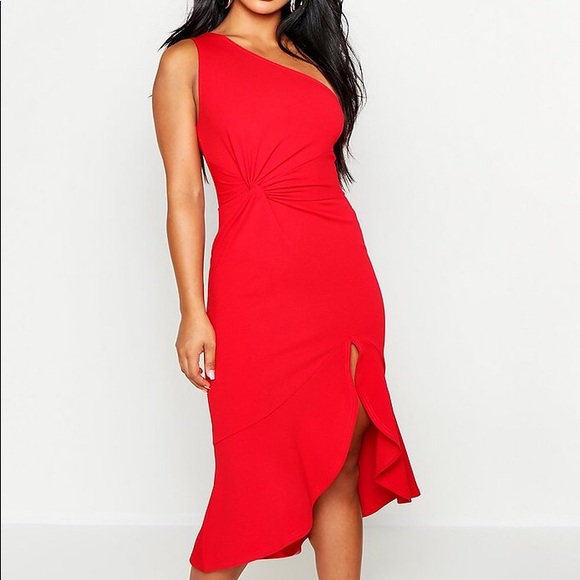 Red One Shoulder Midi Dress - Picture 5 of 5